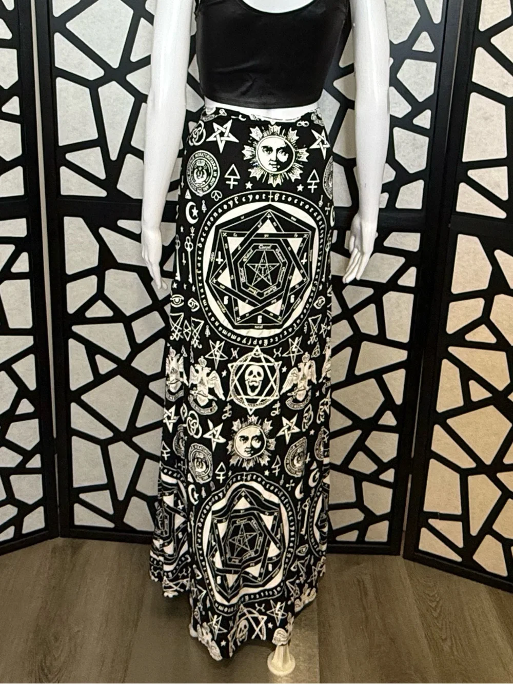 Discontinued Killstar Maxi Skirt - Black and White Occult Print - L